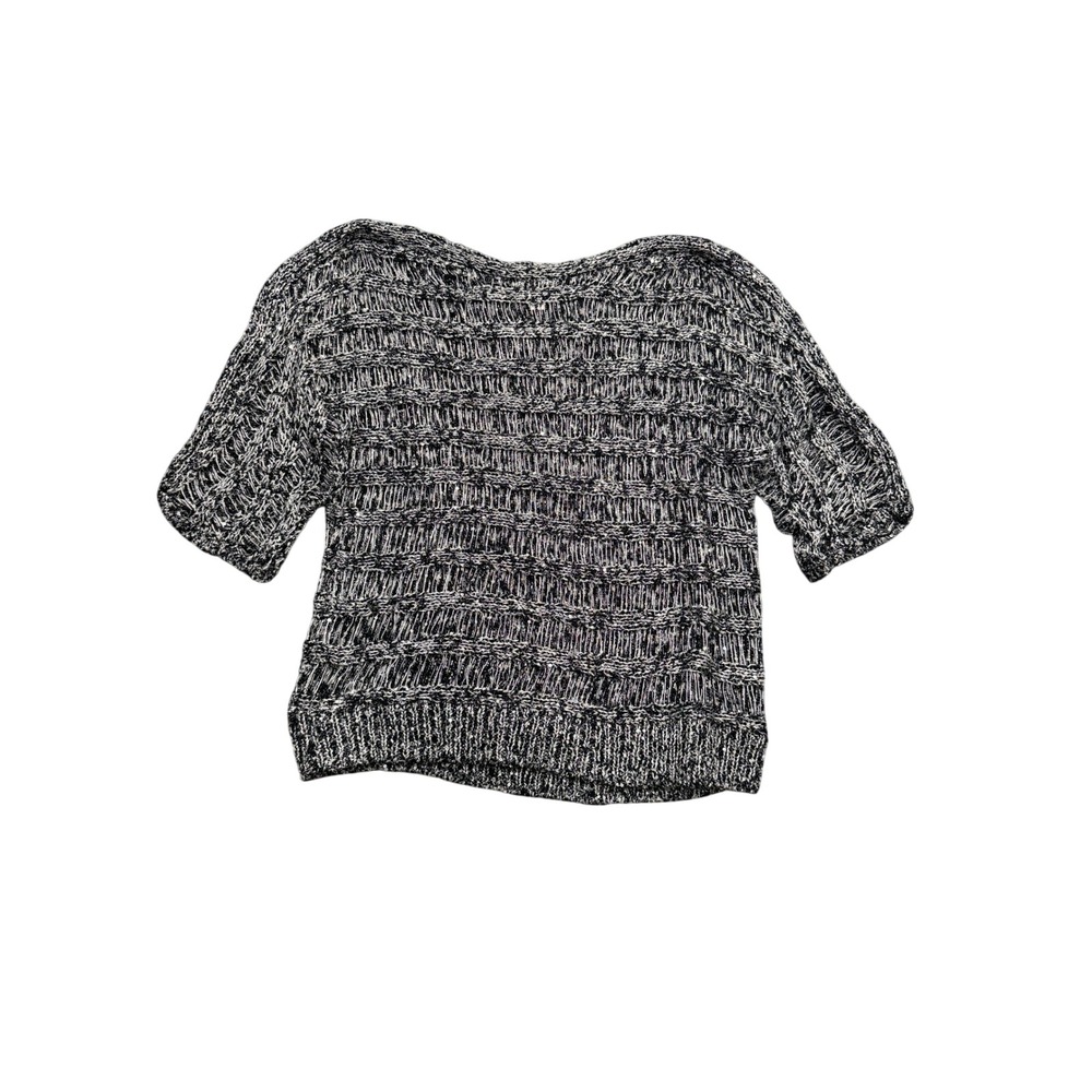 Chicos Sequin Open Knit Sweater Black White Short Sleeve Boat Neck Size 3